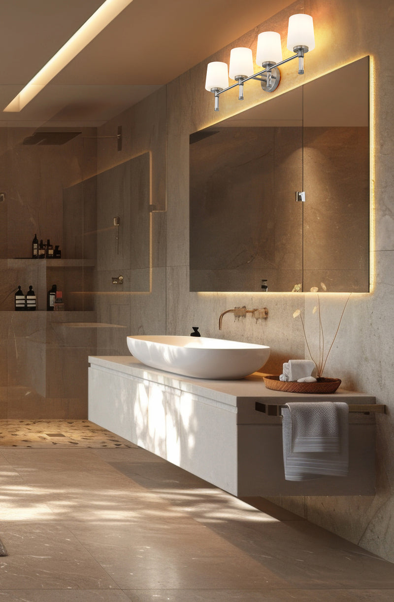 Henri 4 Light 32" Vanity in Brushed Nickel in a room setting