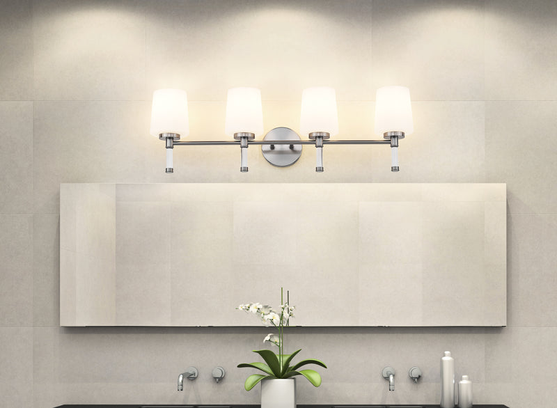 Henri 4 Light 32" Vanity in Brushed Nickel in a room setting