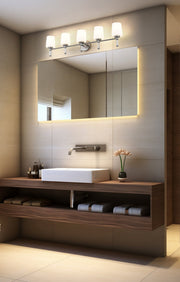 Henri 5 Light 42" Vanity in Brushed Nickel in a room setting