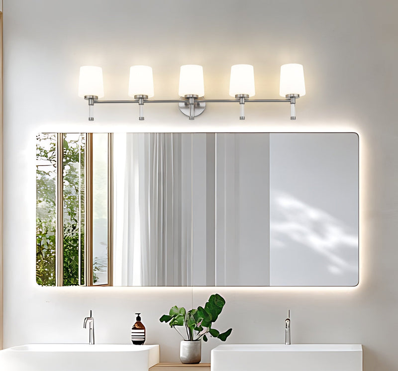 Henri 5 Light 42" Vanity in Brushed Nickel in a room setting