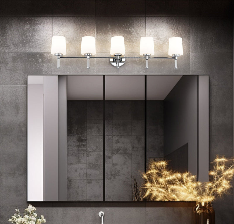 Henri 5 Light 42" Vanity in Chrome in a room setting