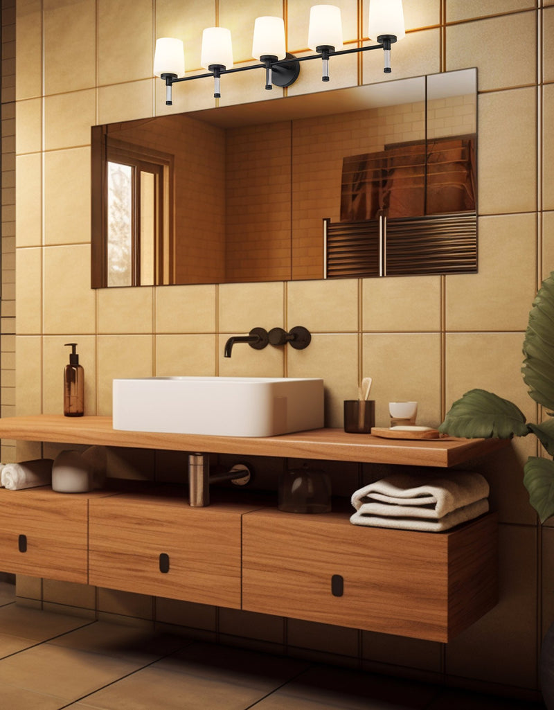 Henri 5 Light 42" Vanity in Matte Black in a room setting