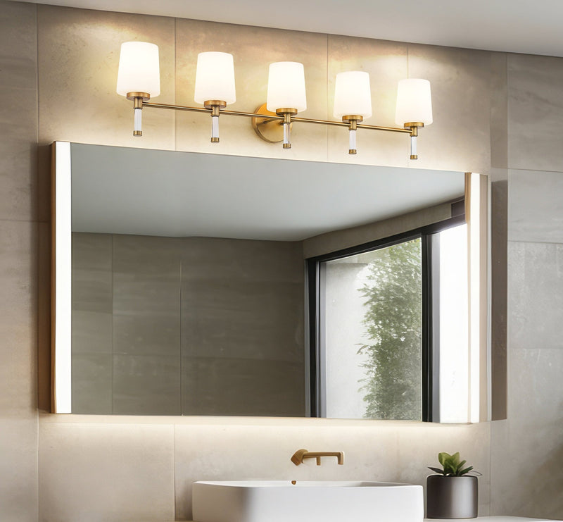 Henri 5 Light 42" Vanity in Modern Gold in a room setting