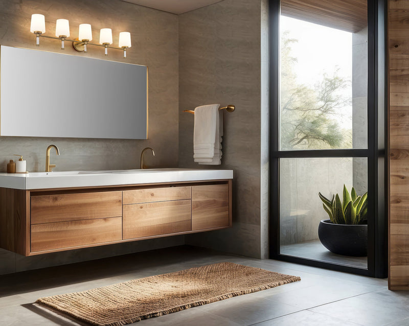 Henri 5 Light 42" Vanity in Modern Gold in a room setting
