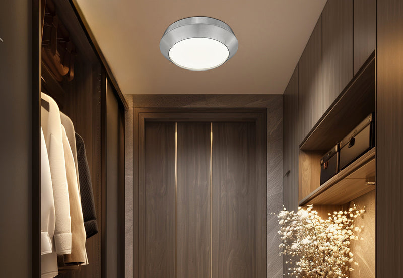 Quasars 1 Light 12" Flush Mount in Brushed Nickel in a room setting