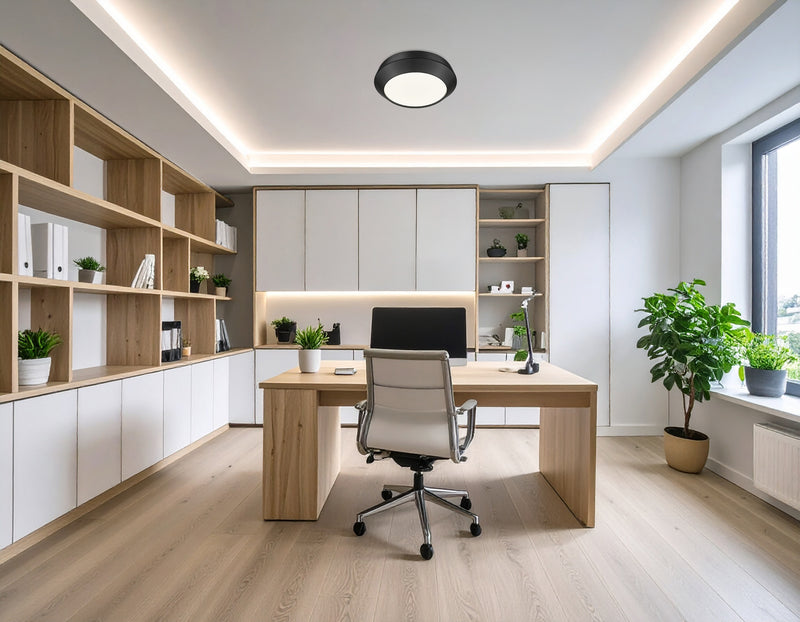 Quasars 1 Light 12" Flush Mount in Matte Black in a room setting