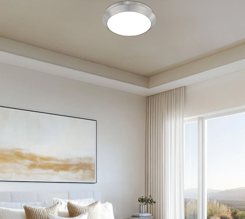 Quasars 1 Light 16" Flush Mount in Brushed Nickel in a room setting