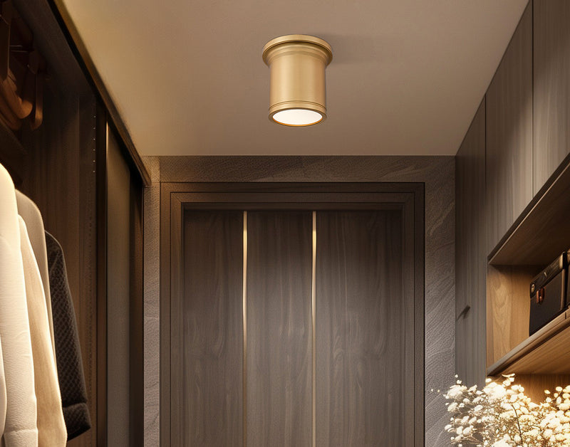 Bentley 1 Light 8" Flush Mount in Modern Gold in a room setting