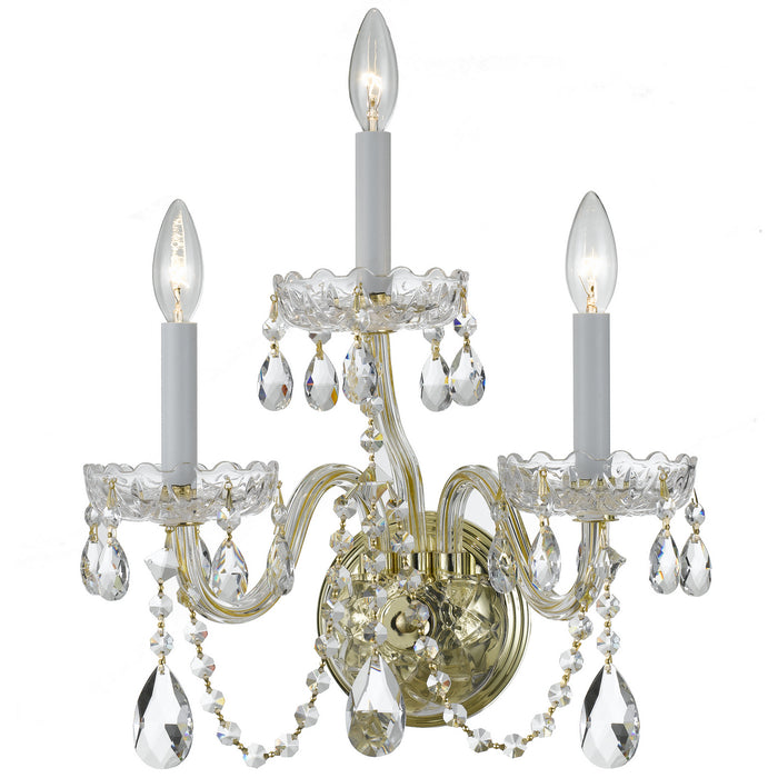 Traditional Crystal 3 Light Wall Mount in Polished Brass with Clear Hand Cut Crystal