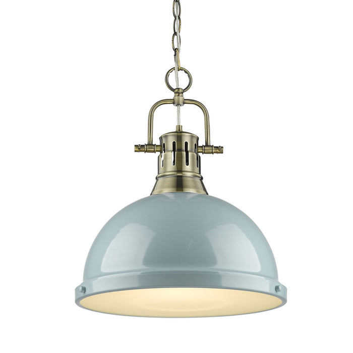 Duncan 1-Light Pendant with Chain in Aged Brass with Seafoam Shade