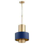 12" Cylinder Drum Pendant in Aged Brass / Blue