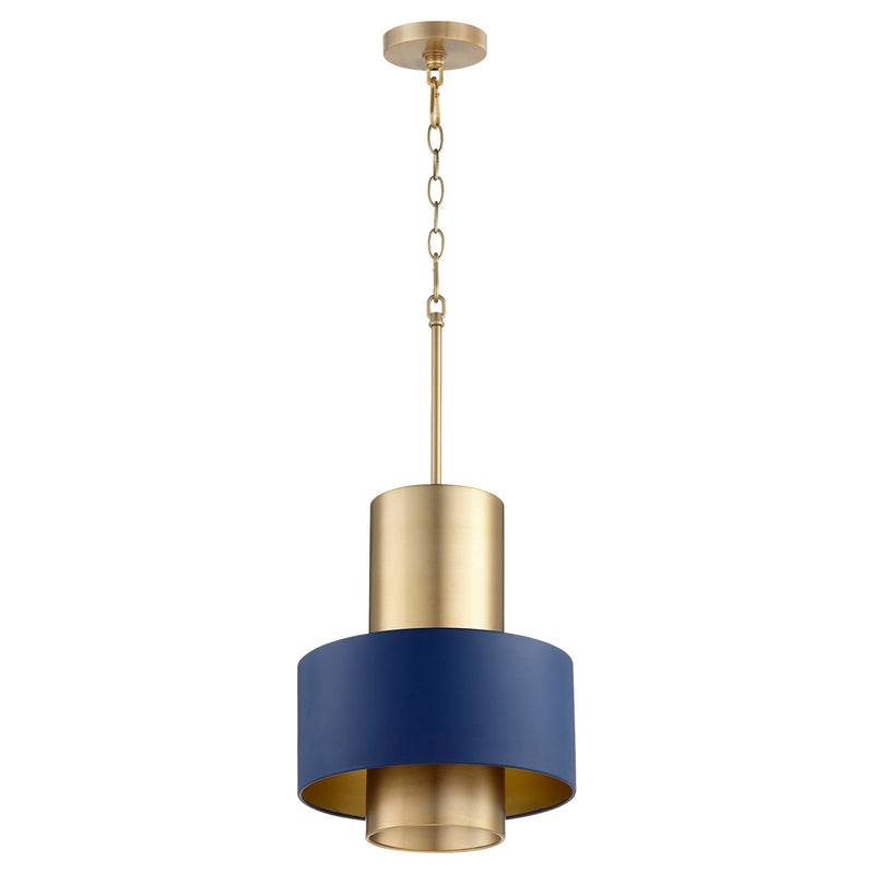 12" Cylinder Drum Pendant in Aged Brass / Blue