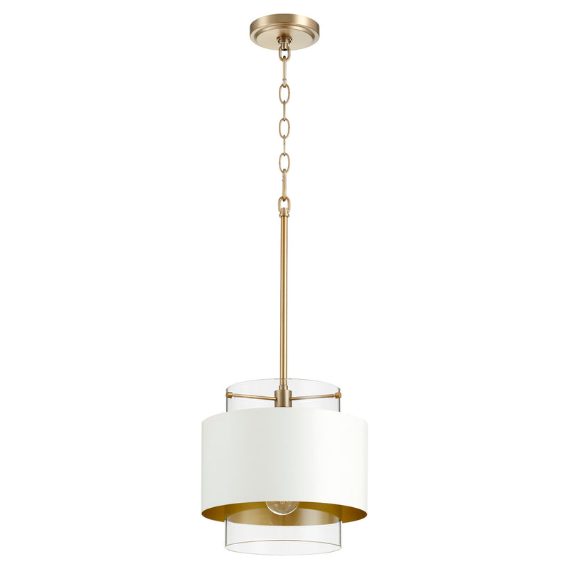 10" Clear Glass Drum Pendant in Aged Brass / Studio White