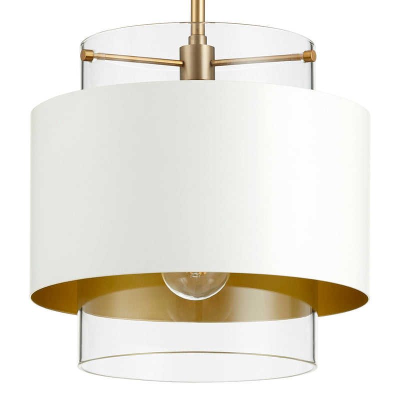 10" Clear Glass Drum Pendant in Aged Brass / Studio White