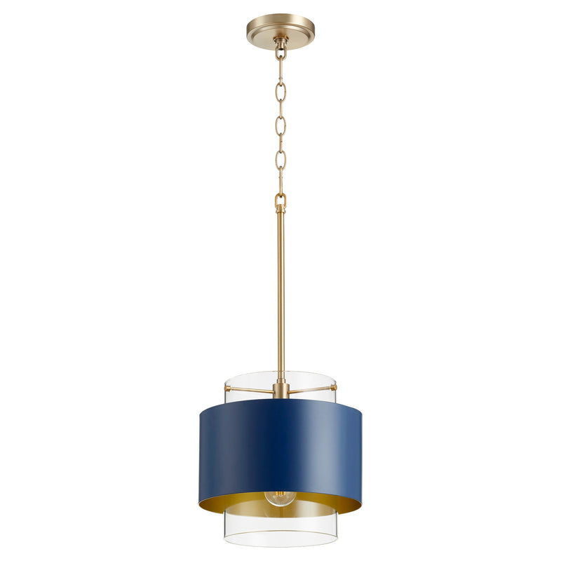 10" Clear Glass Drum Pendant in Aged Brass / Blue