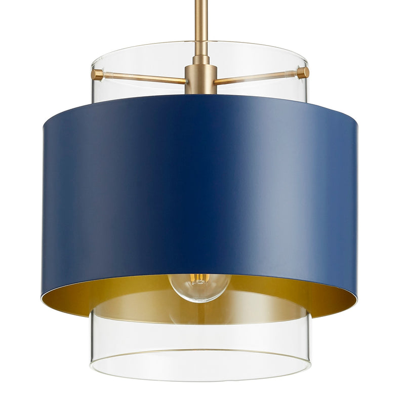10" Clear Glass Drum Pendant in Aged Brass / Blue
