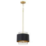 10" Clear Glass Drum Pendant in Matte Black / Aged Brass