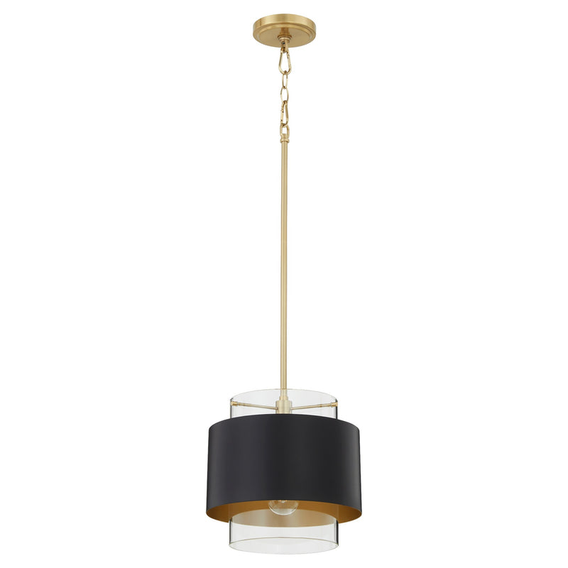 10" Clear Glass Drum Pendant in Matte Black / Aged Brass