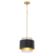 10" Clear Glass Drum Pendant in Matte Black / Aged Brass