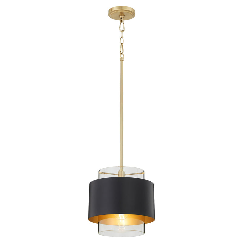 10" Clear Glass Drum Pendant in Matte Black / Aged Brass