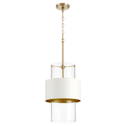 12" Clear Glass Cylinder Pendant in Aged Brass / Studio White