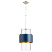 12" Clear Glass Cylinder Pendant in Aged Brass / Blue