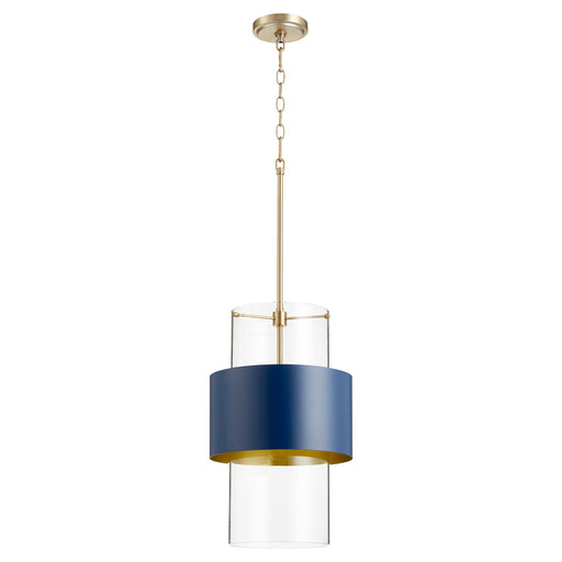 12" Clear Glass Cylinder Pendant in Aged Brass / Blue