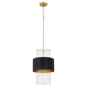 12" Clear Glass Cylinder Pendant in Matte Black / Aged Brass