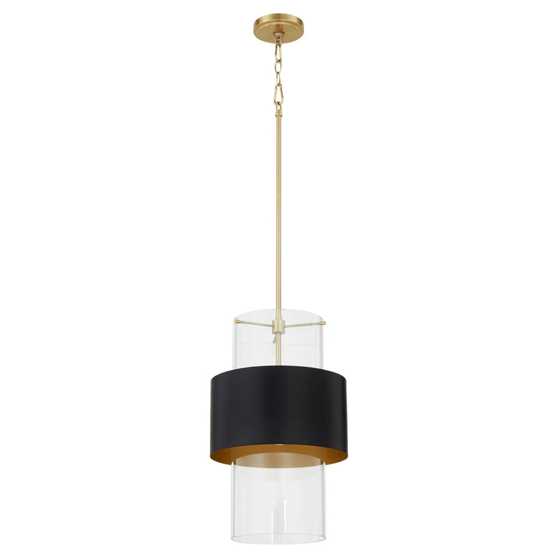 12" Clear Glass Cylinder Pendant in Matte Black / Aged Brass