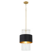 12" Clear Glass Cylinder Pendant in Matte Black / Aged Brass