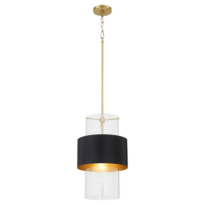 12" Clear Glass Cylinder Pendant in Matte Black / Aged Brass