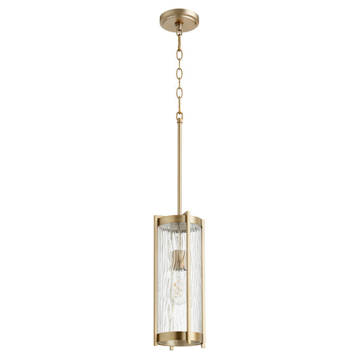 15" Tall Chiseled Glass Pendant in Aged Brass