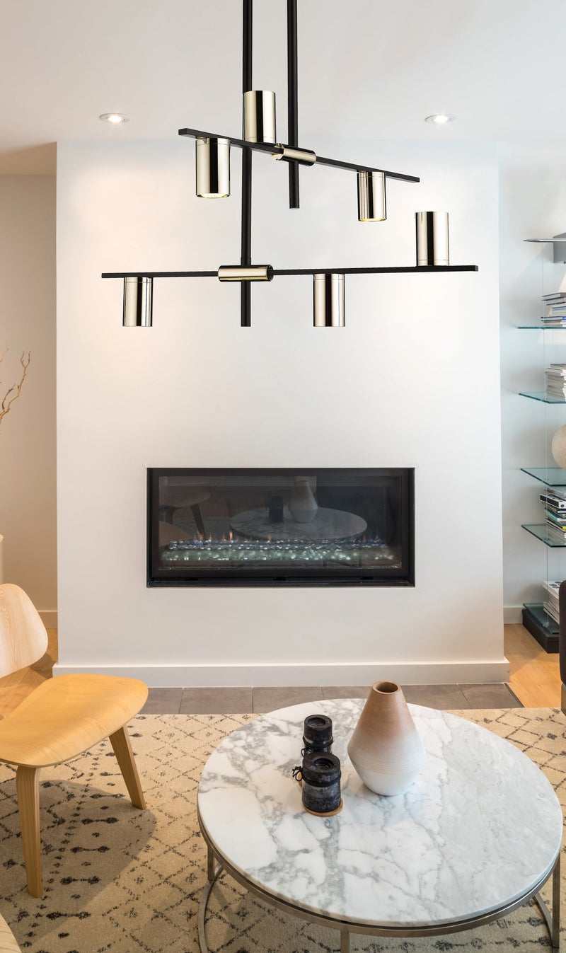 Calumet 6 Light 30" Chandelier in Matte Black + Polished Nickel in a room setting