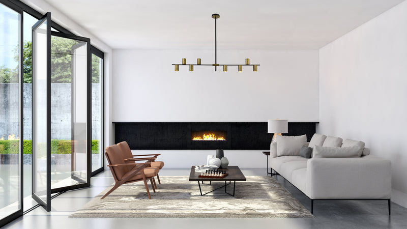 Calumet 8 Light 56" Linear Pendant in Matte Black + Olde Brass in a room setting