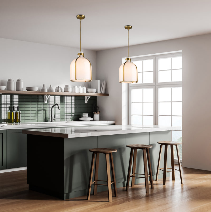 Pearson 1 Light Pendant, 16-16.5" Tall in Rubbed Brass in a room setting