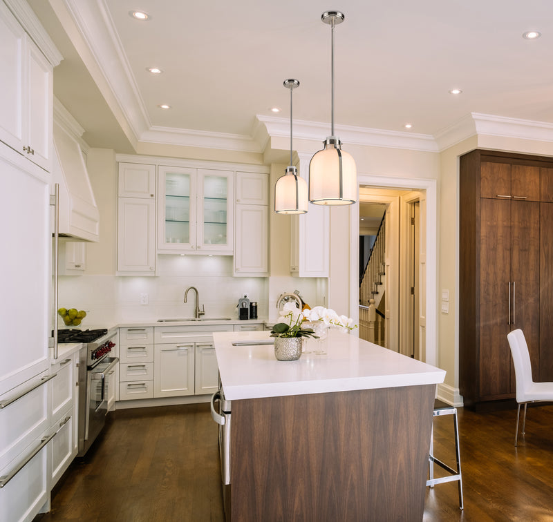 Pearson 1 Light Pendant, 13-13.5" Tall in Brushed Nickel in a room setting