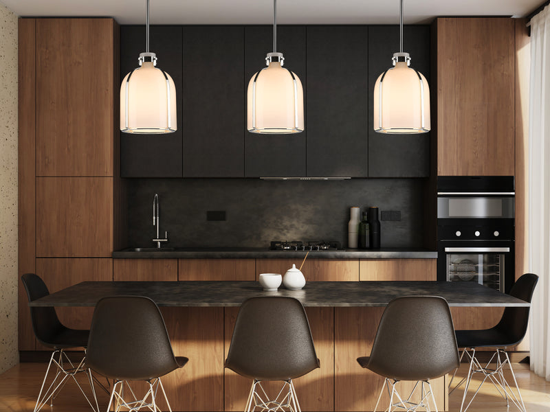 Pearson 1 Light Pendant, 13-13.5" Tall in Polished Nickel in a room setting