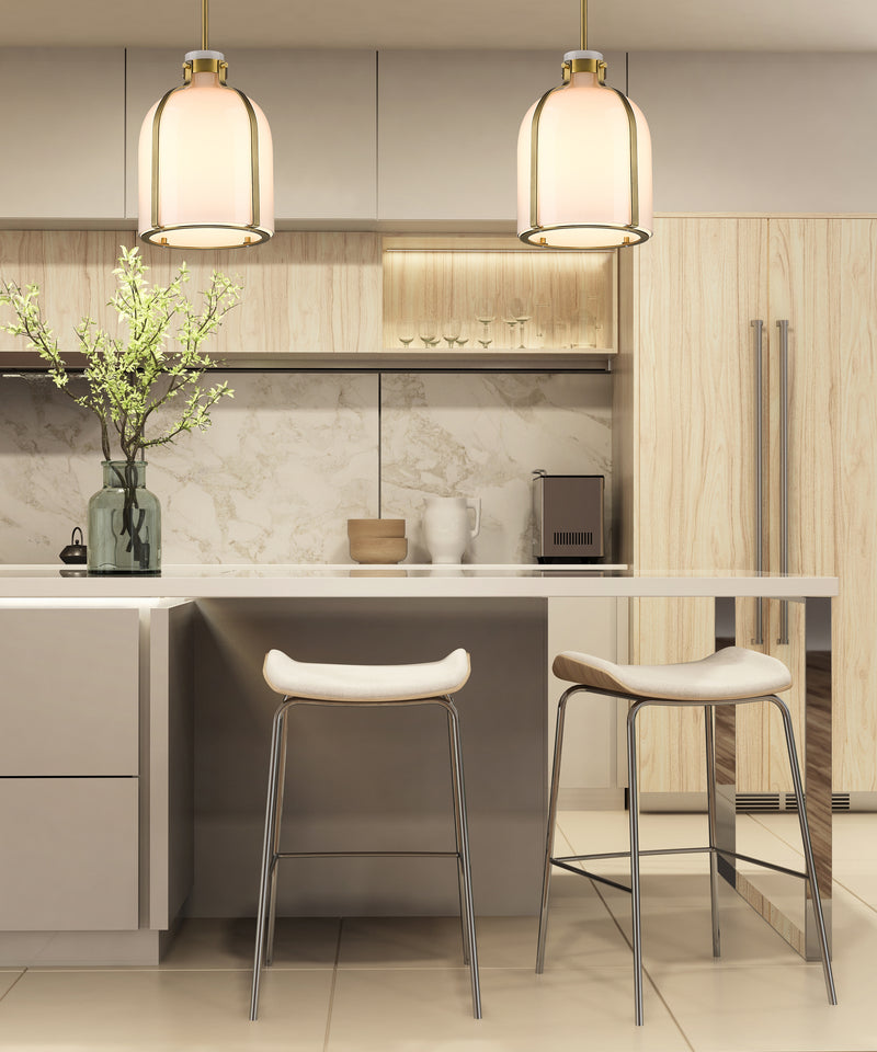 Pearson 1 Light Pendant, 13-13.5" Tall in Rubbed Brass in a room setting