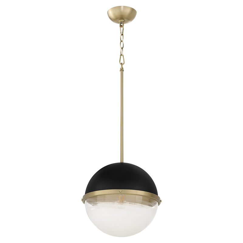 12" Milk Glass Sphere Pendant in Textured Black / Aged Brass