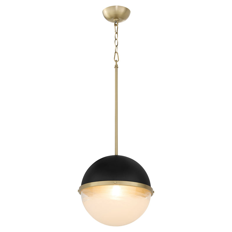 12" Milk Glass Sphere Pendant in Textured Black / Aged Brass