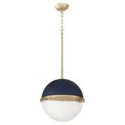 14" Milk Glass Sphere Pendant in Blue / Aged Brass