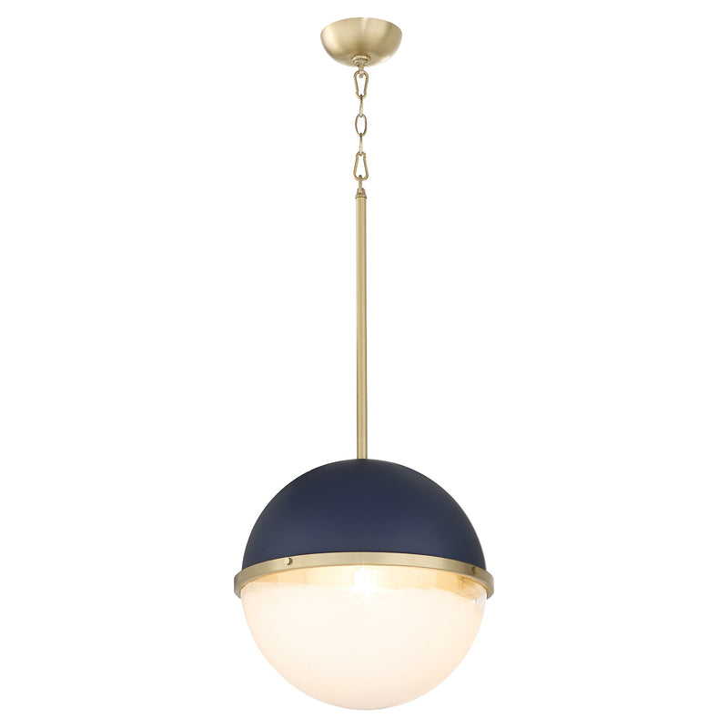14" Milk Glass Sphere Pendant in Blue / Aged Brass
