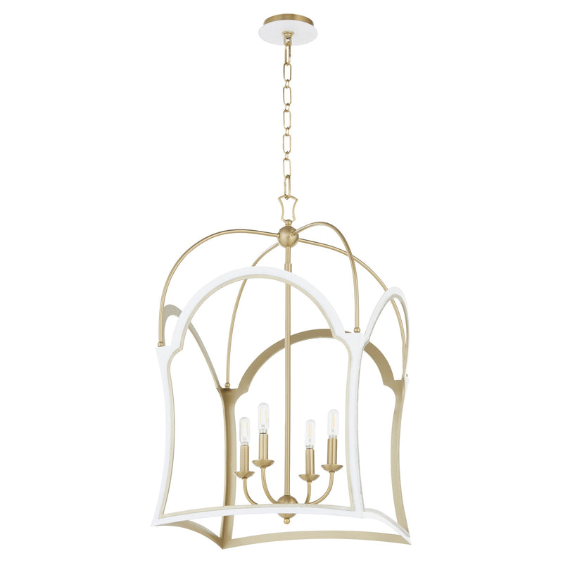 Tiffany 4 Light Lantern Pendant in Studio White / Aged Brass
