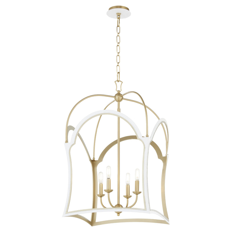 Tiffany 4 Light Lantern Pendant in Studio White / Aged Brass