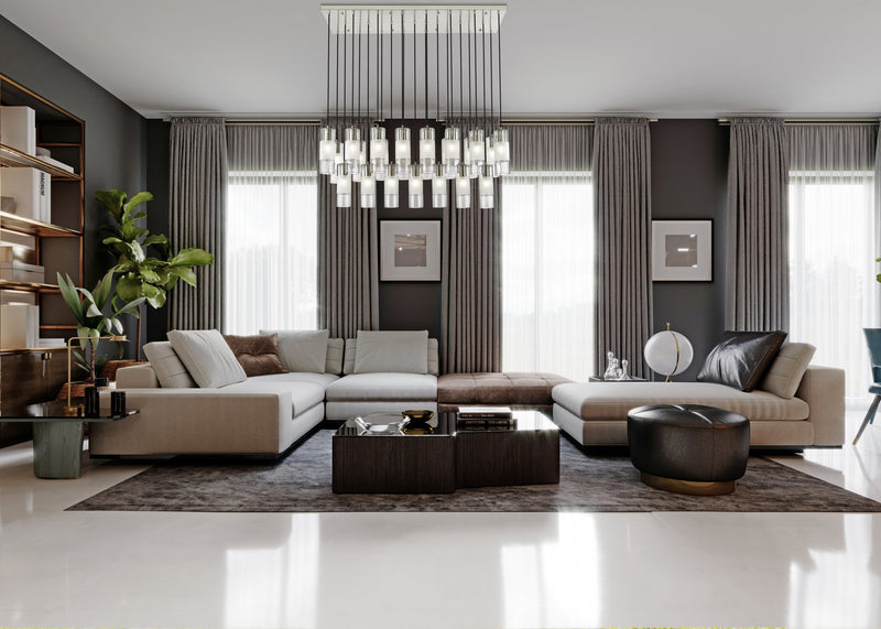 Alton 23 Light 54" Linear Pendant in Brushed Nickel in a room setting