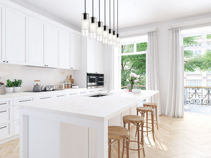 Alton 7 Light 54" Linear Pendant in Matte Black in a room setting