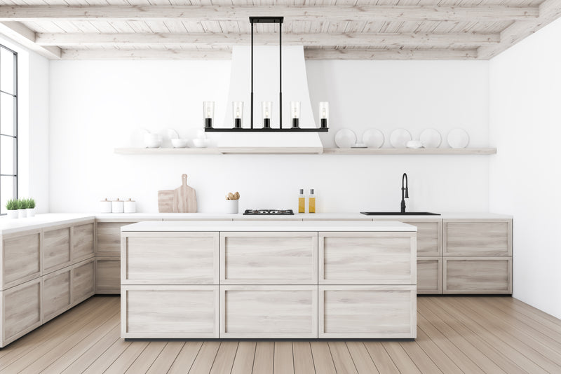 Titus 5 Light 44" Linear Pendant in Matte Black in a room setting