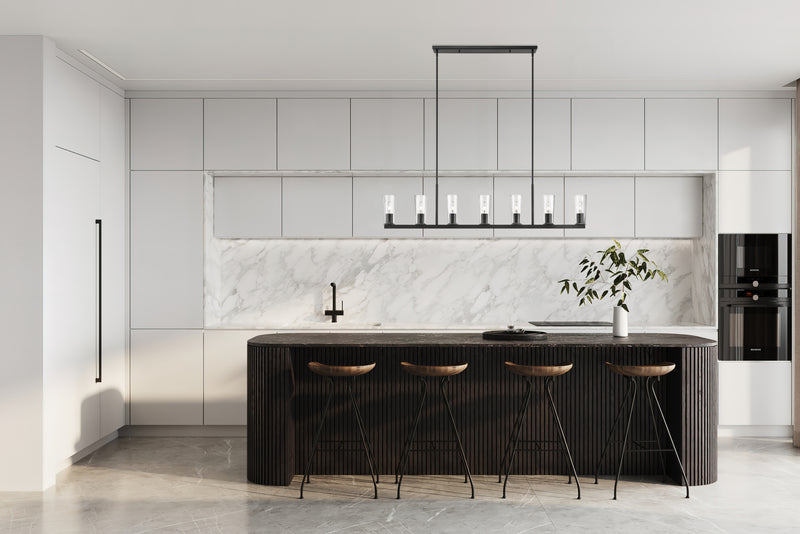 Titus 7 Light 63.5" Linear Pendant in Matte Black in a room setting