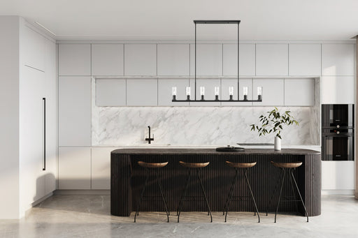 Titus 7 Light 63.5" Linear Pendant in Matte Black in a room setting