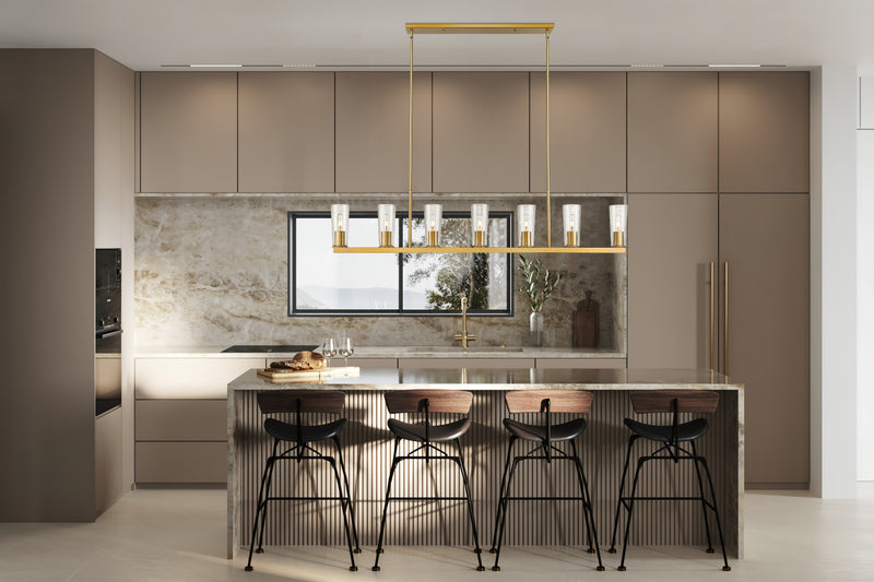 Titus 7 Light 63.5" Linear Pendant in Modern Gold in a room setting